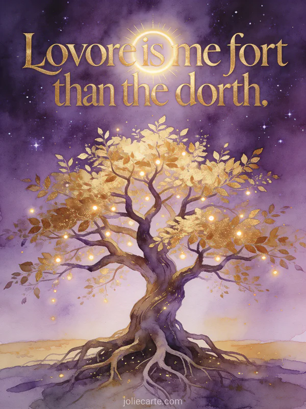 Arbre de vie ancien aux branches entrelacées couvertes de feuilles dorées et petites lumières sous un ciel étoilé