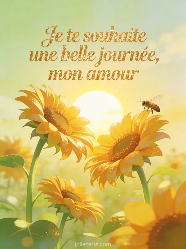 Illustration de tournesols épanouis tournés vers un soleil levant radieux avec une abeille butinant et le texte Je te souhaite une belle journée mon amour
