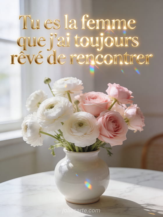 Bouquet de renoncules blanches et roses dans un vase en céramique blanche avec lumière naturelle douce