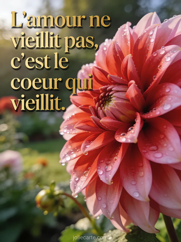 Magnifique dahlia rouge et rose en gros plan avec des gouttes de rosée sur les pétales et le texte L'amour ne vieillit pas c'est le cœur qui vieillit
