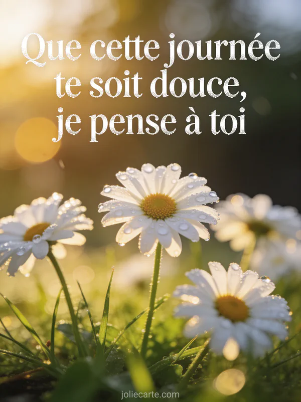 Marguerites blanches couvertes de gouttes de rosée dans la lumière dorée du matin avec le texte Que cette journée te soit douce je pense à toi