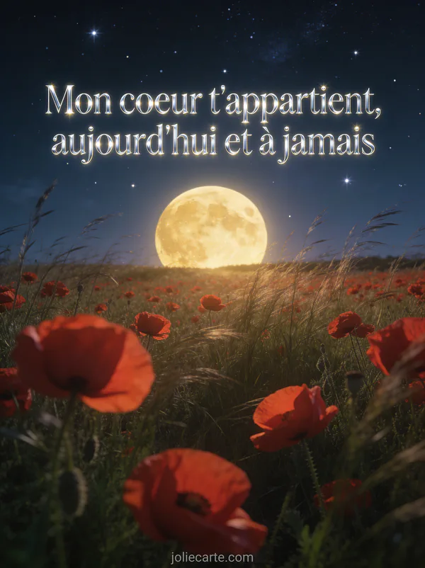 Clair de lune sur un champ de coquelicots rouges avec pleine lune dorée et étoiles scintillantes