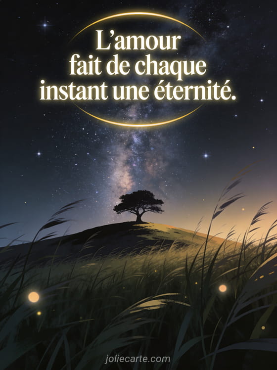 Ciel étoilé avec la voie lactée et silhouette d'un arbre solitaire sur une colline avec le texte L'amour fait de chaque instant une éternité