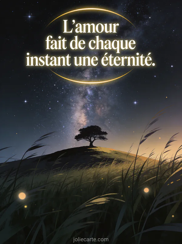 Ciel étoilé avec la voie lactée et silhouette d'un arbre solitaire sur une colline avec le texte L'amour fait de chaque instant une éternité