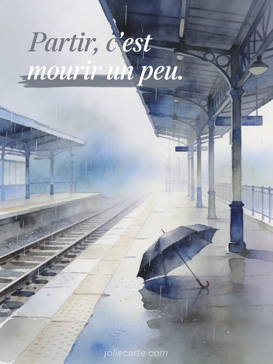 Quai de gare vide sous la pluie fine avec un parapluie abandonné et rails disparaissant dans la brume