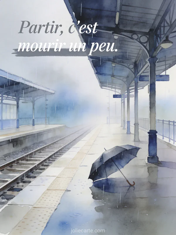 Quai de gare vide sous la pluie fine avec un parapluie abandonné et rails disparaissant dans la brume