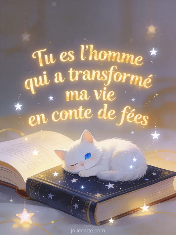 Petit chat blanc aux yeux bleus endormi sur un livre de contes ouvert avec étoiles scintillantes