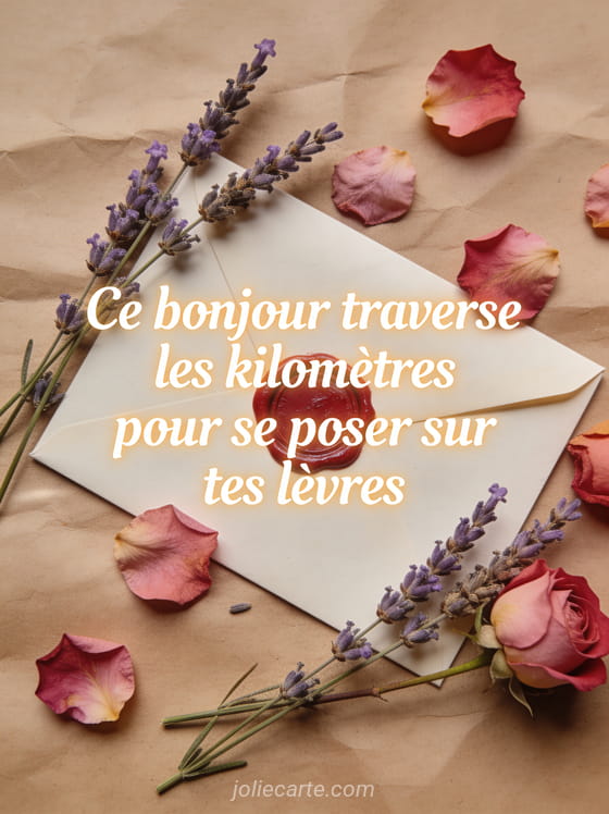 Illustration d'une lettre cachetée à la cire rouge entourée de brins de lavande et de pétales de rose sur papier kraft avec le texte Ce bonjour traverse les kilomètres pour se poser sur tes lèvres