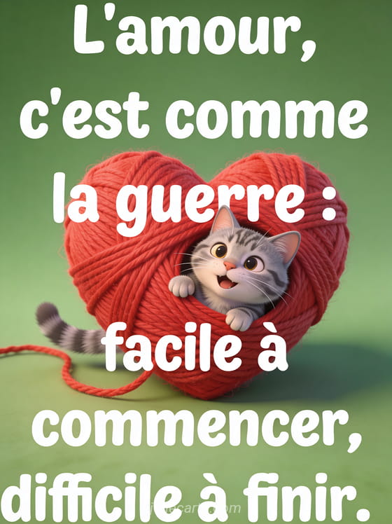 Chat gris tigré avec expression amusée coincé dans une pelote de laine rouge en forme de cœur