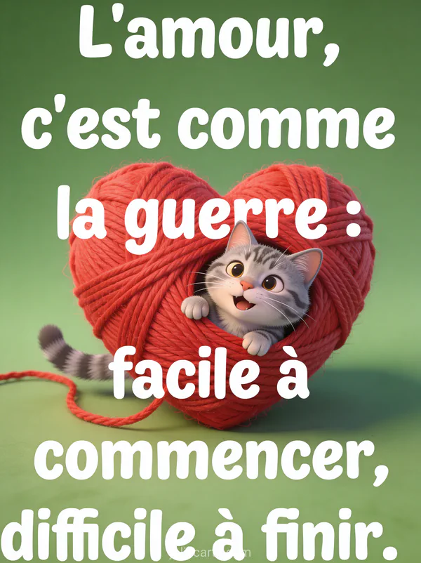 Chat gris tigré avec expression amusée coincé dans une pelote de laine rouge en forme de cœur