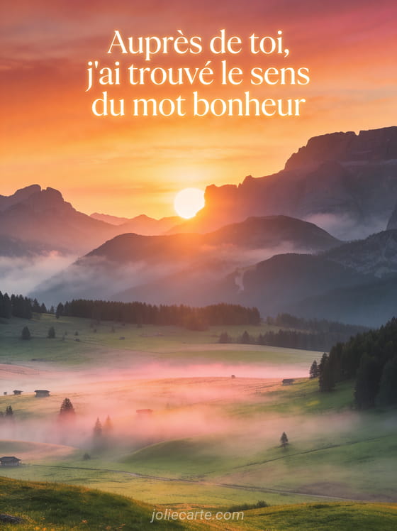 Lever de soleil doré au-dessus de montagnes brumeuses avec vallée verdoyante et brume matinale rosée