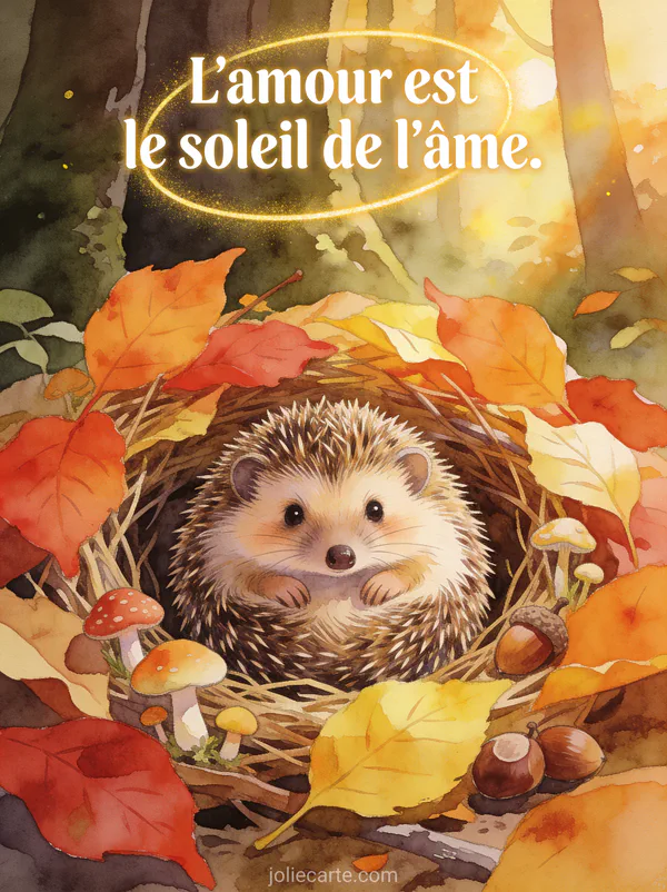 Adorable hérisson dans un nid de feuilles d'automne avec des champignons et glands et le texte L'amour est le soleil de l'âme