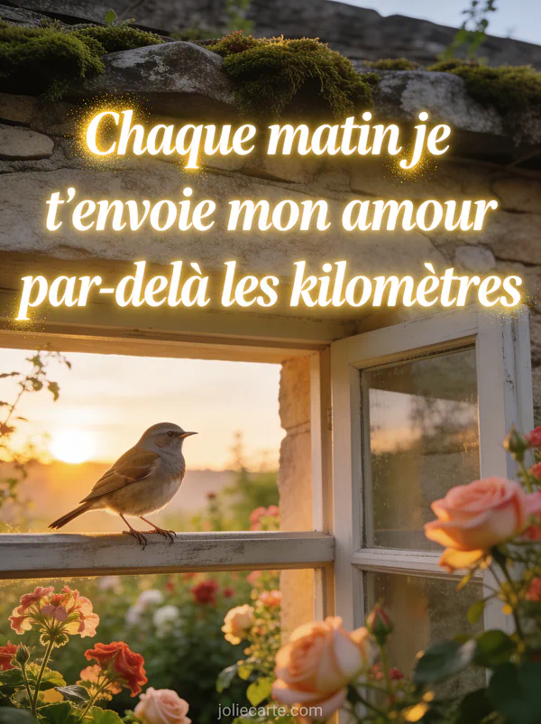 Moineau posé sur un rebord de fenêtre en pierre avec vue sur un jardin de roses trémières au lever du soleil avec le texte Chaque matin je t'envoie mon amour par-delà les kilomètres