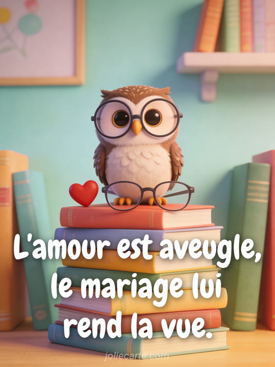 Hibou avec de grosses lunettes rondes posé sur une pile de livres avec un petit cœur rouge