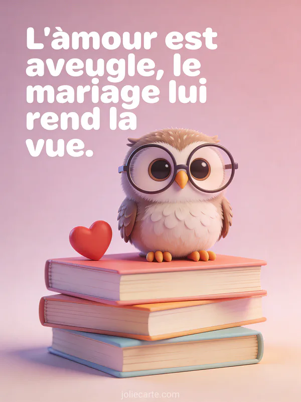 Hibou avec de grosses lunettes rondes posé sur une pile de livres avec un petit cœur rouge