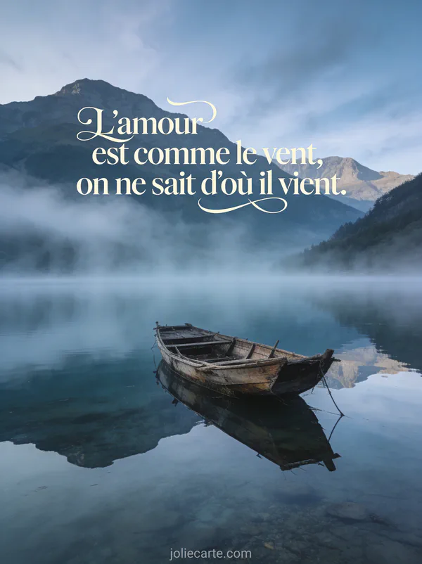 Barque en bois sur un lac miroir au pied de montagnes brumeuses avec brume matinale et le texte L'amour est comme le vent on ne sait d'où il vient