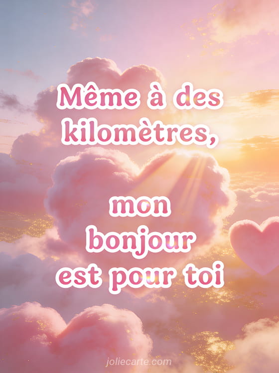 Illustration de nuages en forme de cœur dans un ciel pastel rose et doré au lever du soleil avec des rayons de lumière et le texte Même à des kilomètres mon bonjour est pour toi