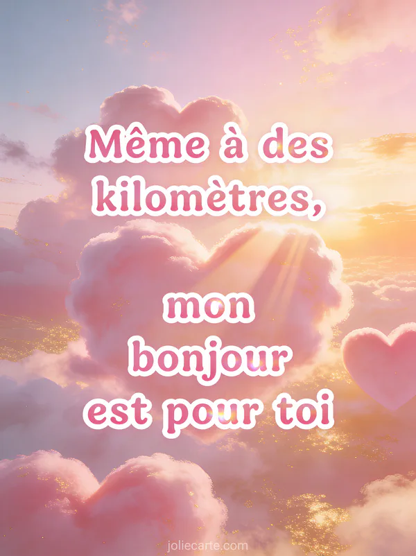 Illustration de nuages en forme de cœur dans un ciel pastel rose et doré au lever du soleil avec des rayons de lumière et le texte Même à des kilomètres mon bonjour est pour toi