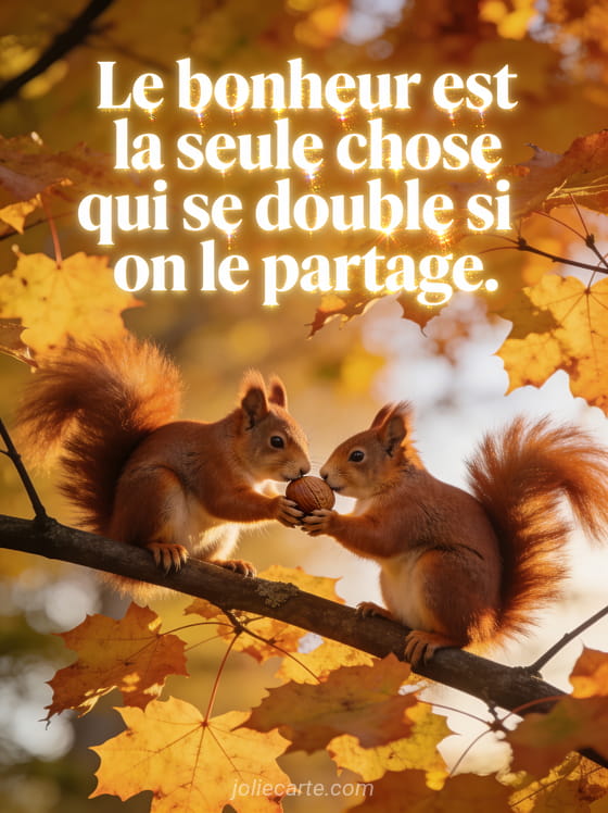 Deux écureuils roux partageant une noisette sur une branche d'érable aux feuilles dorées d'automne