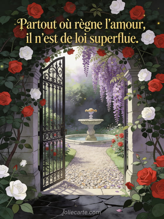 Jardin secret avec portail en fer forgé couvert de roses grimpantes et fontaine en pierre avec glycines et le texte Partout où règne l'amour