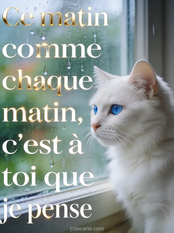 Chat blanc aux yeux bleus regardant par une fenêtre embuée avec des gouttelettes de pluie et un paysage verdoyant en arrière-plan avec le texte Ce matin comme chaque matin c'est à toi que je pense