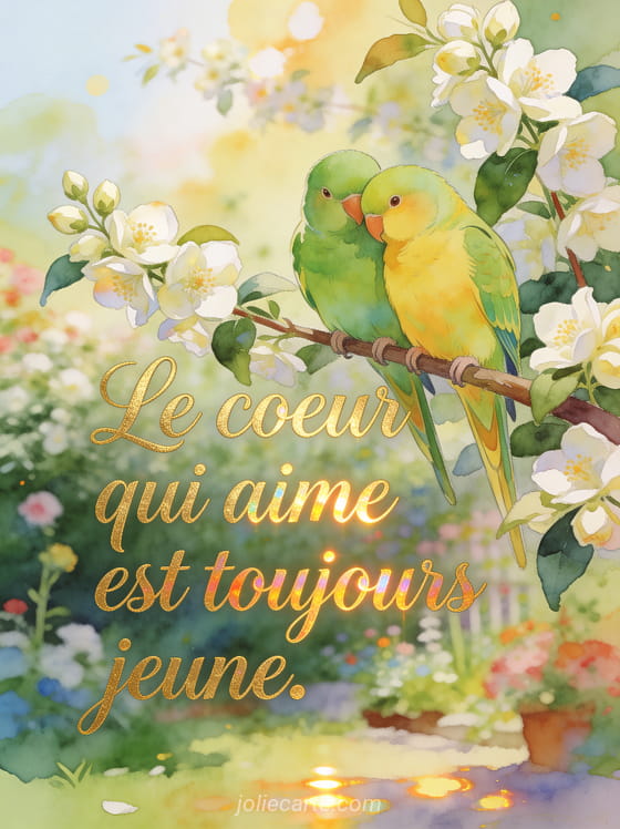 Couple de perruches inséparables vertes et jaunes se blottissant sur une branche de jasmin en fleurs