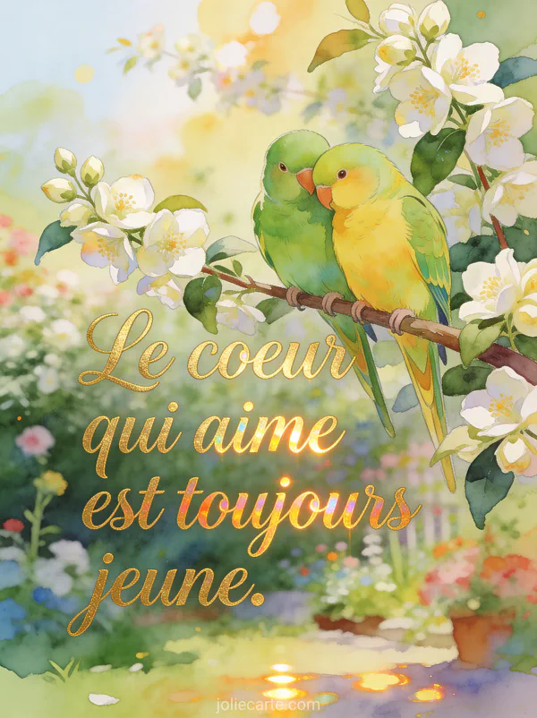 Couple de perruches inséparables vertes et jaunes se blottissant sur une branche de jasmin en fleurs