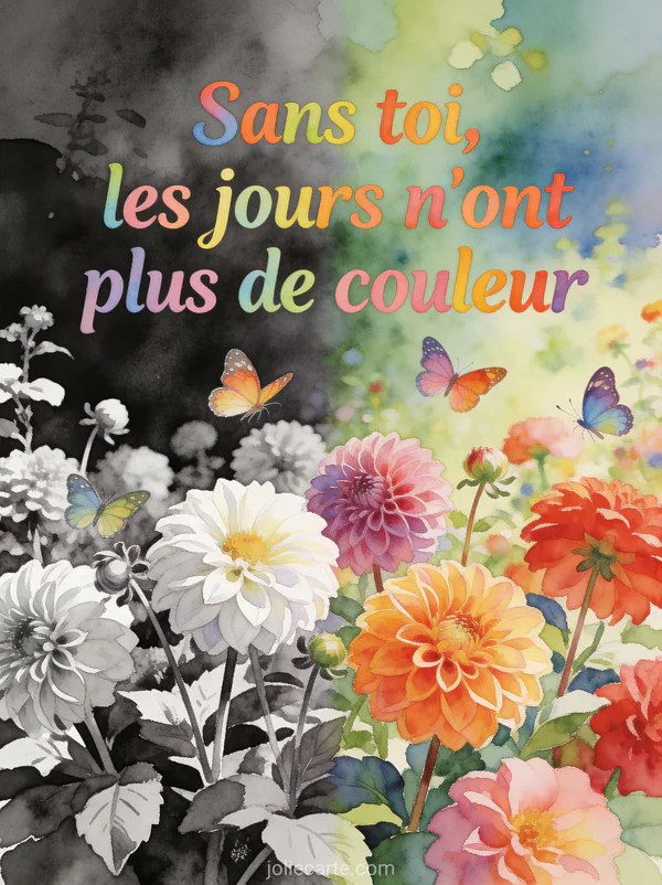 Jardin de dahlias multicolores passant du noir et blanc aux couleurs vives avec papillons colorés