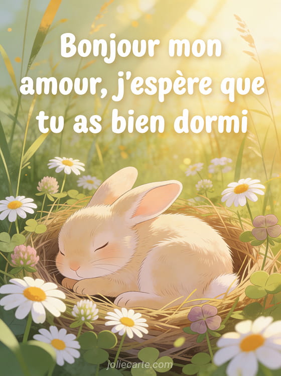 Illustration d'un lapin beige endormi dans un nid de fleurs de camomille dans une lumière matinale dorée avec le texte Bonjour mon amour j'espère que tu as bien dormi
