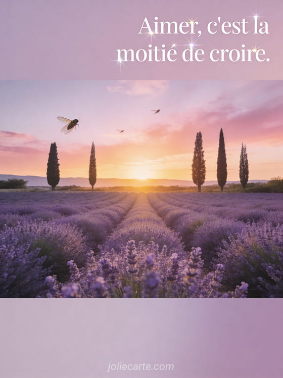 Champ de lavande violet à perte de vue sous un coucher de soleil rose et doré en Provence avec cyprès