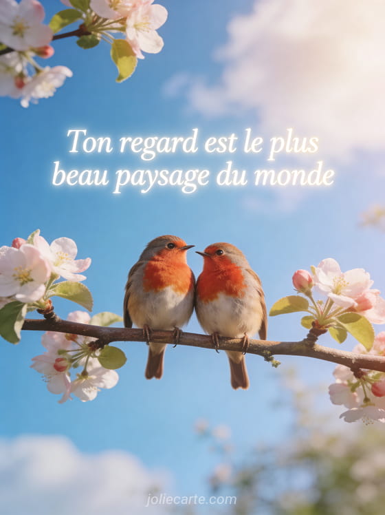 Deux rouge-gorge posés côte à côte sur une branche de pommier en fleurs se regardant tendrement