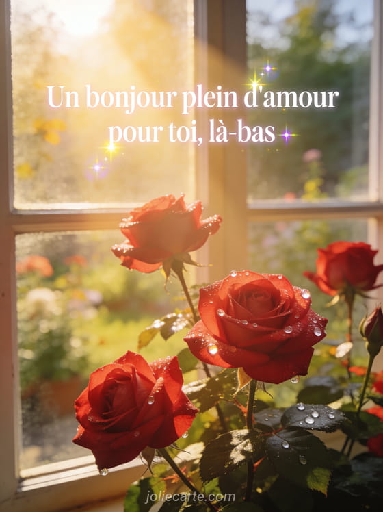 Roses rouges épanouies dans un rayon de soleil matinal avec des gouttes de rosée sur les pétales et le texte Un bonjour plein d'amour pour toi là-bas