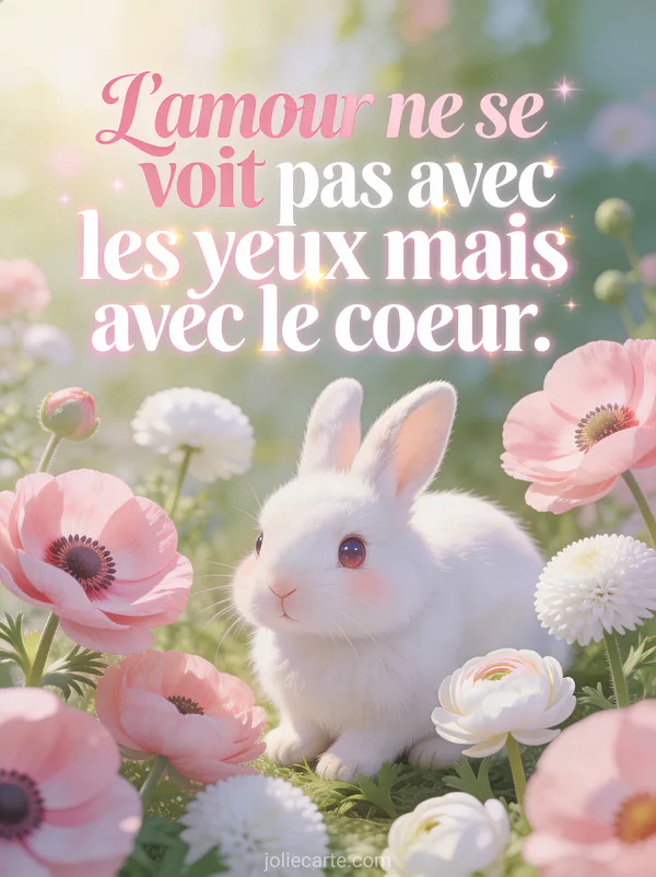 Petit lapin blanc aux yeux tendres assis parmi des anémones roses et des renoncules blanches au printemps