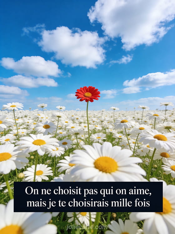 Champ de marguerites blanches sous ciel bleu avec une seule marguerite rouge au centre