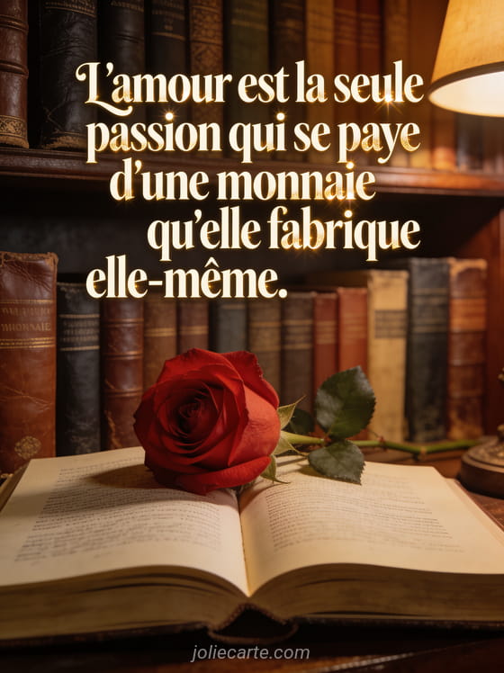 Bibliothèque ancienne avec livres reliés de cuir et rose rouge posée sur un livre ouvert en lumière tamisée