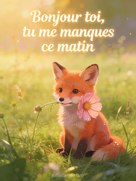Illustration d'un petit renard roux tenant une fleur de cosmos rose dans une prairie verdoyante au petit matin avec le texte Bonjour toi tu me manques ce matin