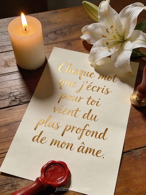 Lettre d'amour sur table en bois avec bougie allumée fleur de lys blanc et cire à cacheter rouge