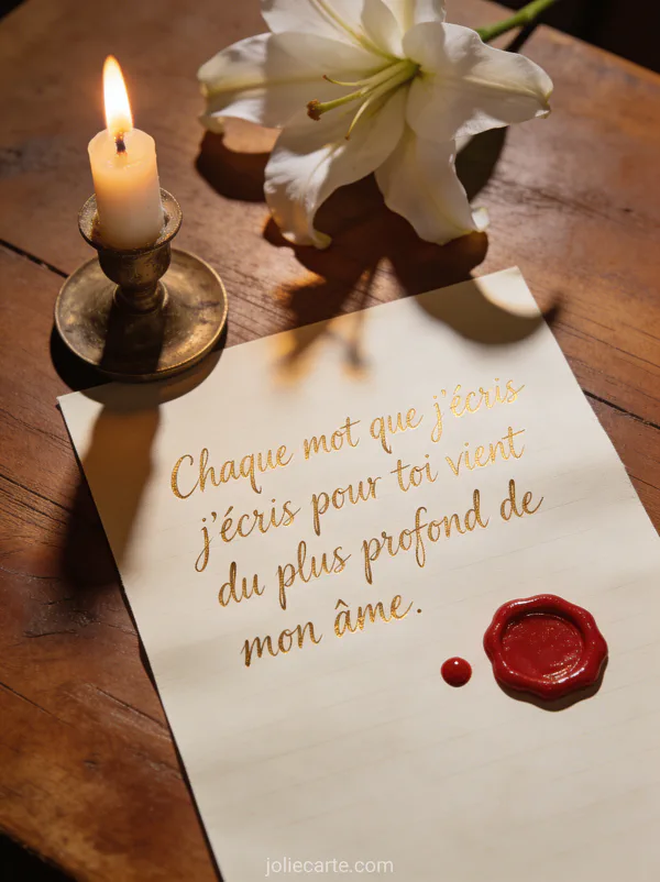 Lettre d'amour sur table en bois avec bougie allumée fleur de lys blanc et cire à cacheter rouge