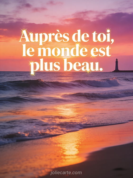 Coucher de soleil spectaculaire sur la mer en couleurs roses orangées et violettes avec silhouette de phare