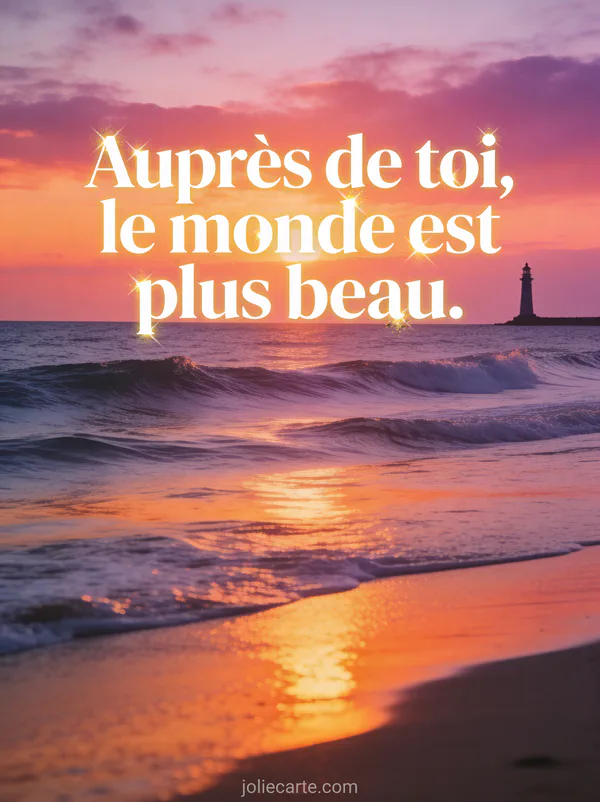 Coucher de soleil spectaculaire sur la mer en couleurs roses orangées et violettes avec silhouette de phare