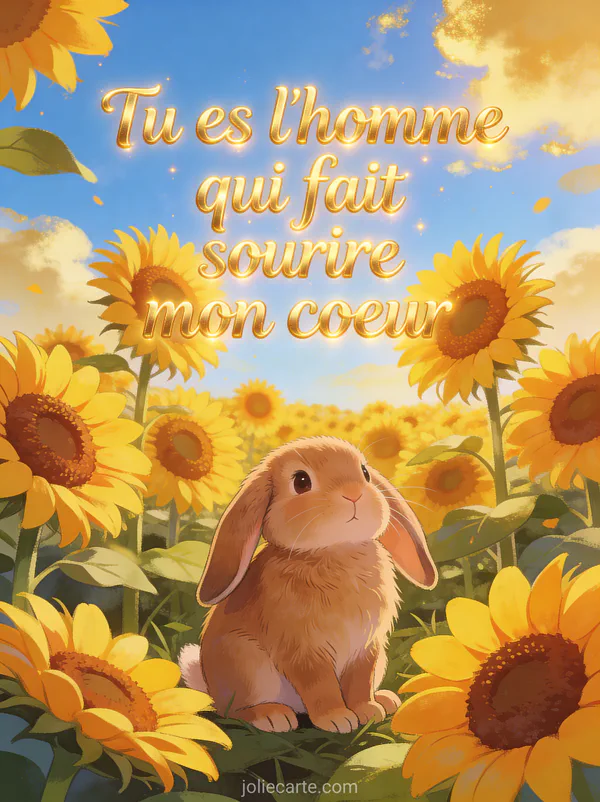 Champ de tournesols géants avec petit lapin brun adorable assis parmi les fleurs sous lumière estivale