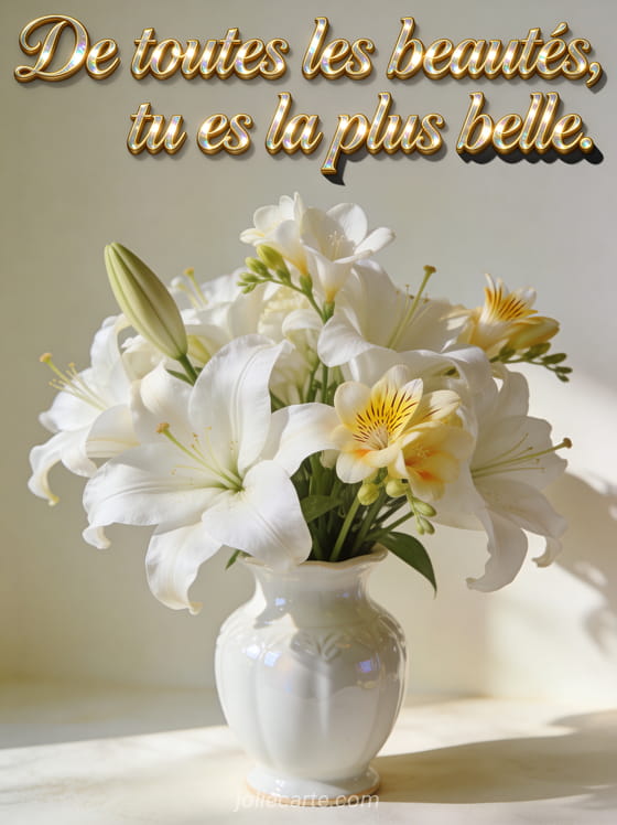 Magnifique bouquet de lys blancs et freesias dans un vase en porcelaine blanche en lumière douce du matin