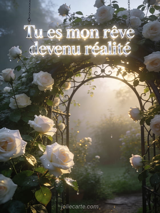 Jardin brumeux au matin avec rosier grimpant sur arche en fer forgé couvert de roses blanches et brume dorée