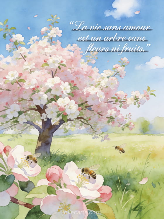 Grand pommier en pleine floraison rose et blanc dans un pré verdoyant avec abeilles sous un ciel bleu