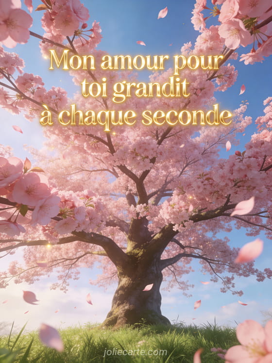 Grand arbre couvert de fleurs de cerisier roses avec pétales volant au vent sous ciel bleu printanier