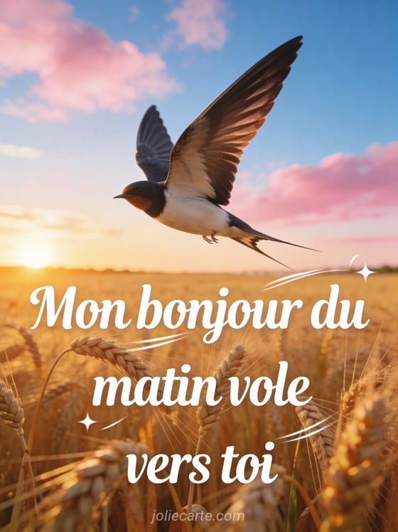 Hirondelle en vol au-dessus d'un champ de blé doré au lever du soleil sous un ciel bleu avec des nuages roses avec le texte Mon bonjour du matin vole vers toi
