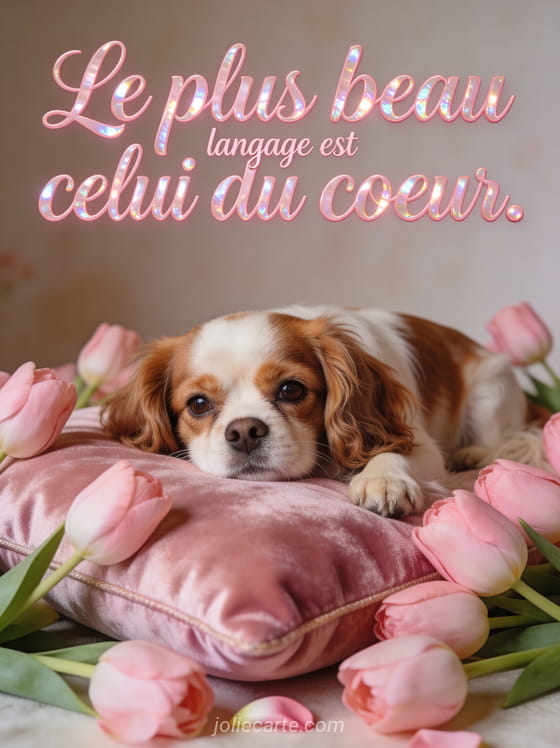 Petit cavalier king charles au regard doux posé sur un coussin de velours rose entouré de tulipes roses