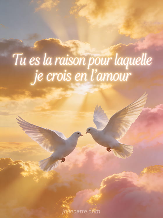 Deux colombes blanches volant ensemble dans un ciel doré au crépuscule avec rayons de soleil