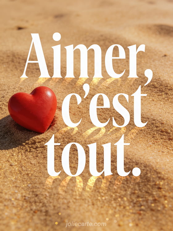 Cœur rouge vif posé sur du sable fin doré dans un style minimaliste et épuré en lumière chaude