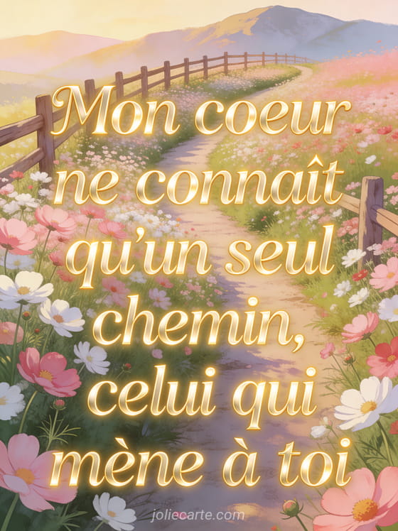 Sentier fleuri à travers une prairie de cosmos roses et blancs avec barrière rustique et lumière dorée